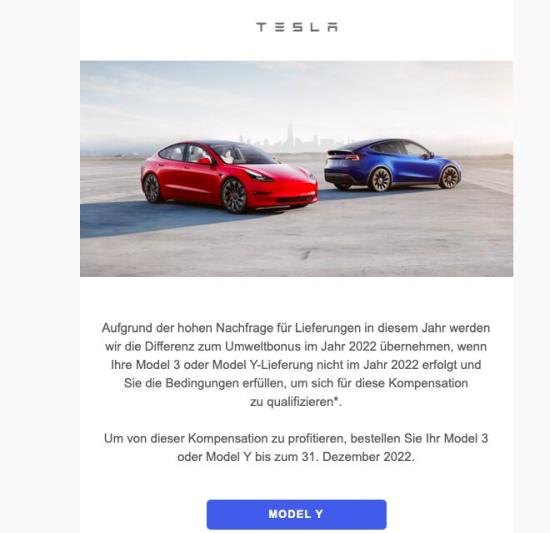 Tesla garantiert Privatkunden Umweltbonus in voller Höhe in 2023